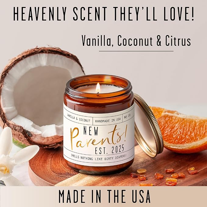 New Parents Gifts for Couples - 'New Parents Est 2025' Candle, w/Coconut, Vanilla I Mom and Dad Gifts for New Parents After Birth I First Time Parents Gift I Expecting Parents I 50 Hr Burn, USA Made - Bloomnest