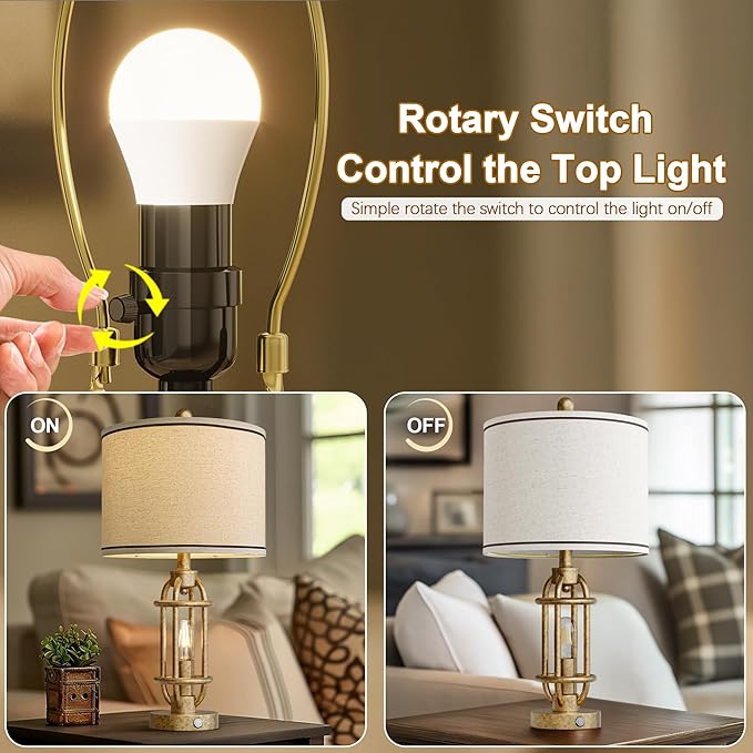 23.75'' Table Lamps Set of 2 for Living Room Bedroom Industrial Farmhouse Metal Touch Lamps with USB A+C Ports, Night Light Vintage Nightstand Bedside Lamp, Bulbs Included, Champagne Gold - Bloomnest