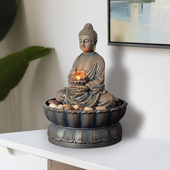 Kalona Home Décor 9.6" Tabletop Fountain Exquisite Smile Sitting Buddha Fountains Desk Water Fountain Decorative Zen Fountain w/Reflective Lighting/Cobblestone Office and Home Decor(21125A) - Bloomnest