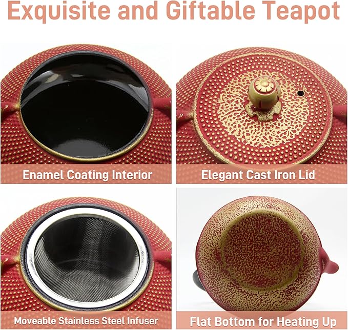 Cast Iron Teapot Tea Kettle with Stainless Steel Infuser for Stovetop Safe Coated with Enameled Interior Japanese Red Tetsubin for Loose Tea(30.4oz/900ml) - Bloomnest