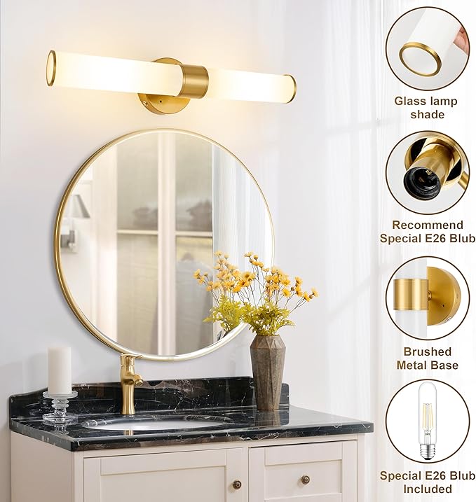Gold Battery Operated Wall Sconces Set of 2, Rechargeable Wall Lights with Remote Control, 20 Inch Modern Wireless Wall Lamp for Bedroom, Living Room (Bulbs Included) - Bloomnest
