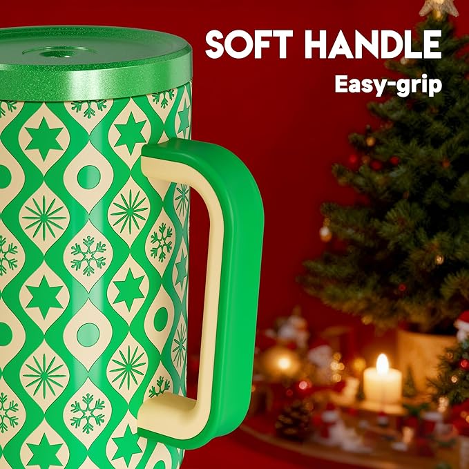 Meoky 40 oz Christmas Tumbler with Handle and Straw, Xmas Tumbler with Lid and Straw, Insulated Stainless Steel Travel Mug, Christmas Gifts for Women Men Adults (Emerald Cheer) - Bloomnest