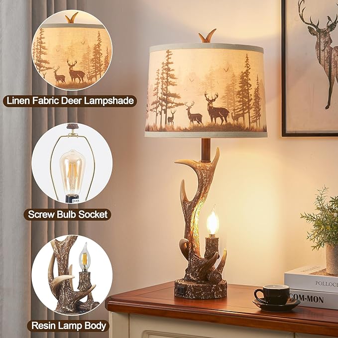 2PACK Rustic Antler Table Lamps Included 4 Bulbs for Bedroom, 28'' Farmhouse Antler Table Lamp with Deer Forest Lampshade USB + Type C Ports Decor for Living Room End Table Cabin Office House - Bloomnest