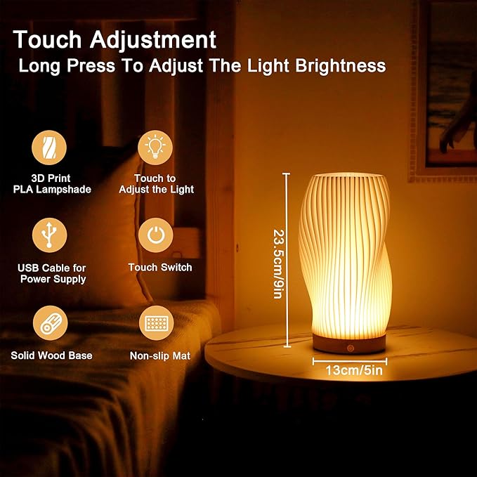 JHY DESIGN 3D Printed Touch Bedside Lamp 9" H Table Lamp 3-Color Light Source Dimmable Nightstand Lamp with Woodbase for Bedroom Living Room Indoors Outdoors(Spiral,Type-C Charging) - Bloomnest