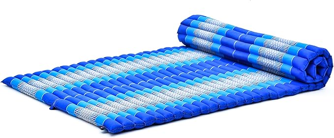 Leewadee - Kapok Roll Mat – Handcrafted Folding Sleep & Relaxation Mattress from Thailand, Ideal as Guest Bed, Camping Mat, Yoga Mat or Traditional Futon, 75 x 39 inches, Blue - Bloomnest