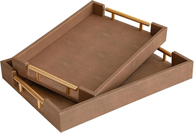 Set of 2 Decorative Tray Brown Shagreen Leather Tray, Modern Rectangle Serving Trays with Gold Polished Metal Handles, Ottoman Coffee Table Perfume Kitchen Trays Home Decor - Bloomnest