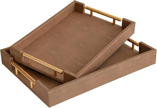Set of 2 Decorative Tray Brown Shagreen Leather Tray, Modern Rectangle Serving Trays with Gold Polished Metal Handles, Ottoman Coffee Table Perfume Kitchen Trays Home Decor - Bloomnest