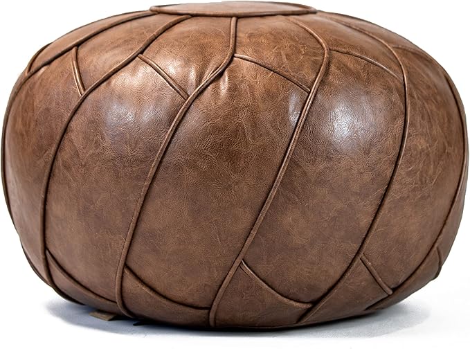Moderner Faux Leather Pouf Unstuffed Ottoman Moroccan Footstool, Floor Footrest Cushion, Storage Solution - Natural Brown Color (Mocha, Round) - Bloomnest