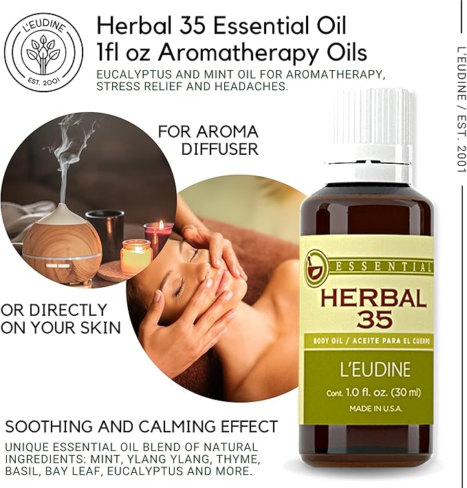 L’EUDINE Herbal 35 Essential Oil Diffuser & Skin - Diffuser Oils Scents for Home - Peppermint Essential Oil with Lavender, Eucalyptus, Lemongrass & More – Luxury Aromatherapy & Wellness, 1 Fl Oz - Bloomnest