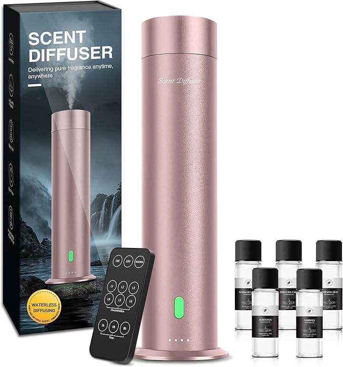 Waterless Scent Diffuser Starter Kit - 1000 Sq Ft Coverage, Hotel Scent Diffuser, Essential Oil Diffuser Large Room, Included 5 Scent Oils, Remote Control, Rosepink - Bloomnest