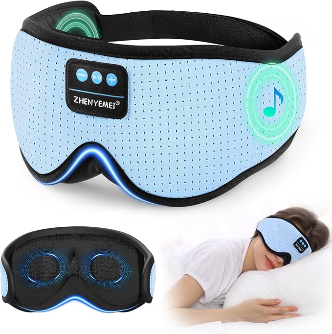 3D Sleep Mask with Bluetooth Headphones, Breathable Cotton Sleeping Headphones for Side Sleepers, Wireless Music Eye Mask with Timer, Gifts for Men Women, Blue - Bloomnest