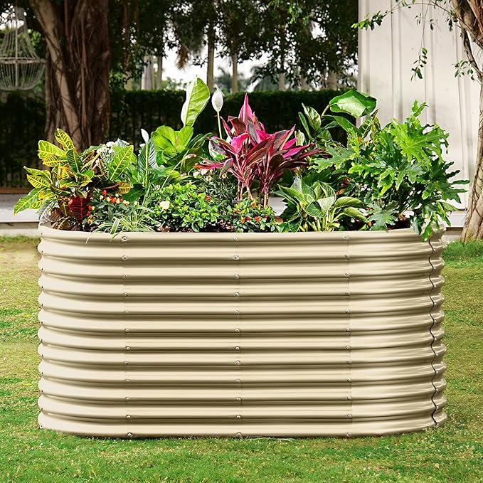 Land Guard 6x3x3ft Oval Galvanized Raised Garden Beds, Large-Capacity Metal Planter Box Outdoor, Durable Deep Raised Garden Bed 3ft Tall, Raised Beds for Gardening Vegetables, Cream Yellow - Bloomnest