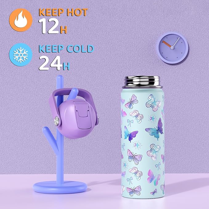 18oz Kids Insulated Water Bottle with Straw Lid - 18/8 Stainless Steel Kid Cup Travel Tumbler Double Wall Vacuum Leak Proof Portable Toddler Water Bottle (Butterfly+Mermaid） - Bloomnest