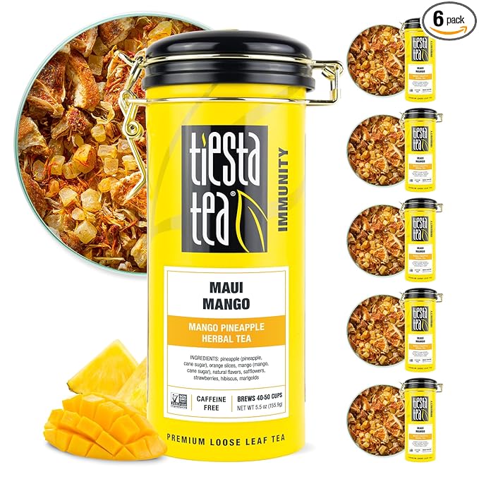 Tiesta Tea - Maui Mango | Loose Leaf | Mango Pineapple Herbal Tea | Premium Non-Caffeinated Blend | Make Hot or Iced | Brews Up to 50 Cups | 33 Ounce Refillable Tin, Pack of 6 - Bloomnest