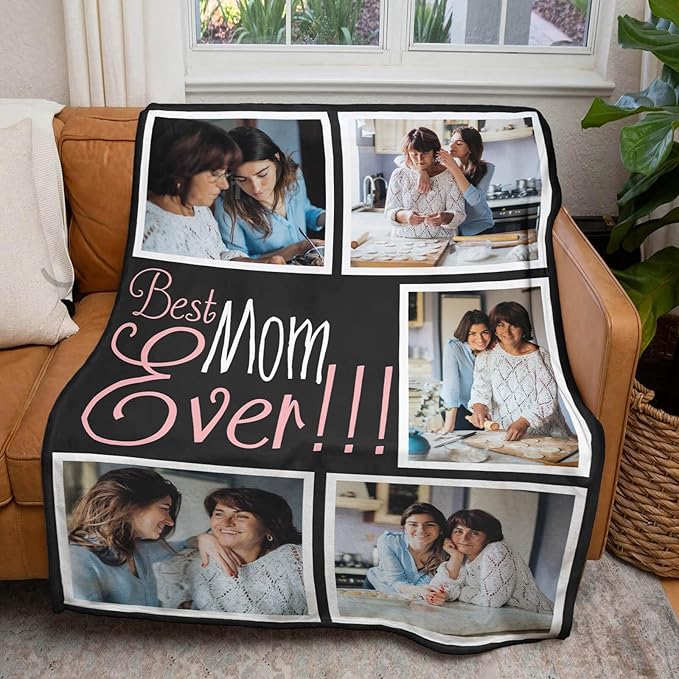 Custom Mom Blanket with 5 Photos Personalized Blanket with Pictures Customized Throw Gifts for Mom Grandma Photo Throw Blanket for Birthday Mother's Day, 15 Colors Available - Bloomnest