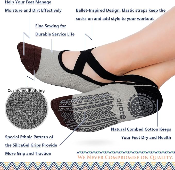 Ozaiic Pilates Socks for Women Non Slip Grip, Yoga Socks with Grippers for Barre, Hospital, Ballet, Dance, Barefoot Workout - Bloomnest