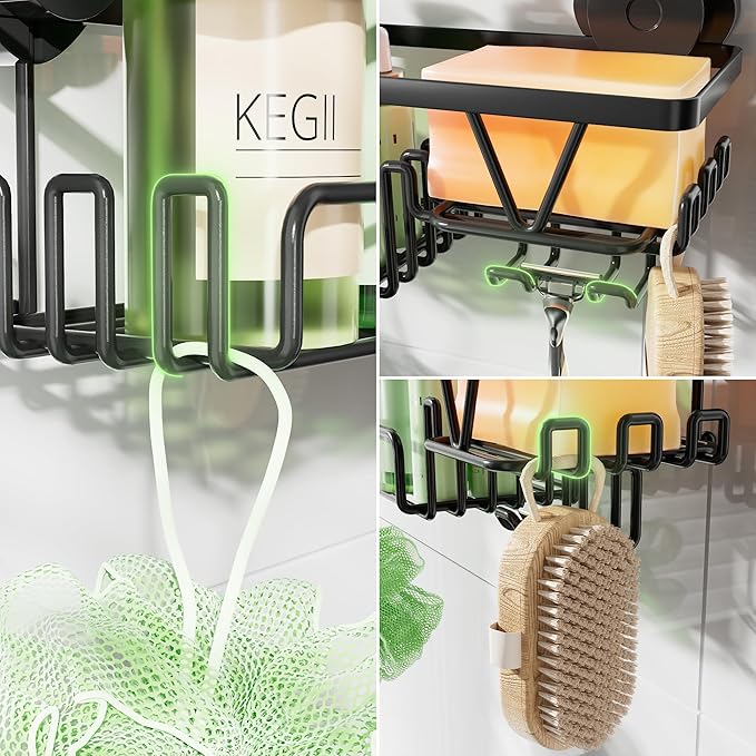 KEGII Shower Caddy Suction Cup with Soap Holder and Hooks, Removable Suction Bathroom Organizer Shelf, No Drilling Shower Organizer, Stainless Steel Shampoo Holder for Bathroom Storage, Black - Bloomnest