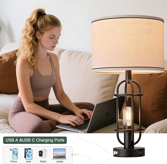 Black Table Lamps for Living Room Set of 2, 22.3" Farmhouse Lamps for Nightstand, Industrial Table Lamps for Bedroom with USB Ports, Bulbs Included - Bloomnest
