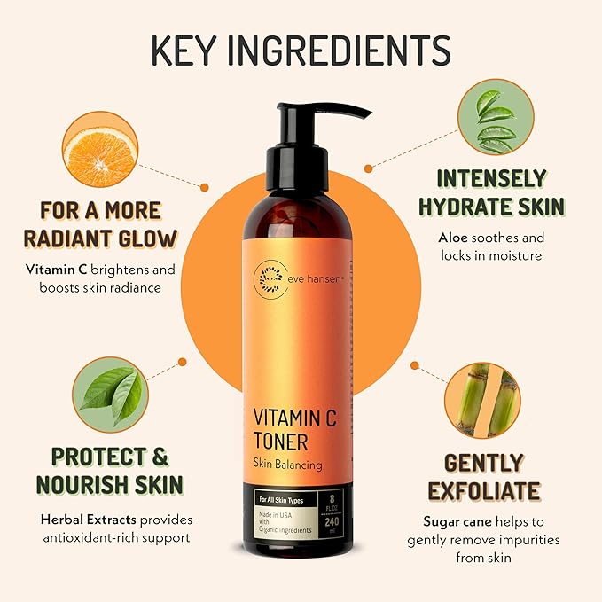 Eve Hansen Vitamin C Toner for face | 8 oz Hydrating Facial Toner Pore Minimizer with Anti Aging Aloe, Citric Acid & Tea Tree | Skin & Face Toner for All Skin Types & Even, Clear Skin - Bloomnest
