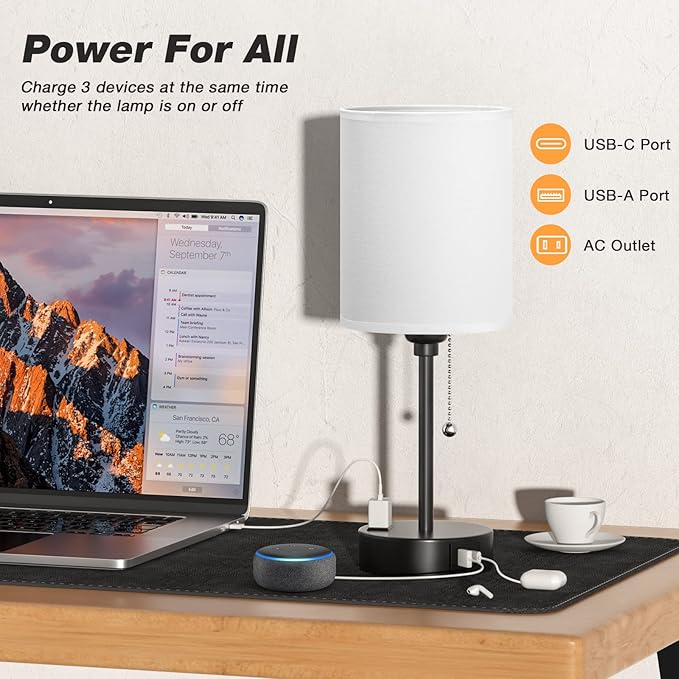 Small Bedside Table lamp for Bedroom - 3 Color Temperatures Bedside Lamps with USB C and A Ports, Pull Chain Table Lamps with AC Outlet, White Nightstand Lamps with Black Metal Base for Kids Reading - Bloomnest