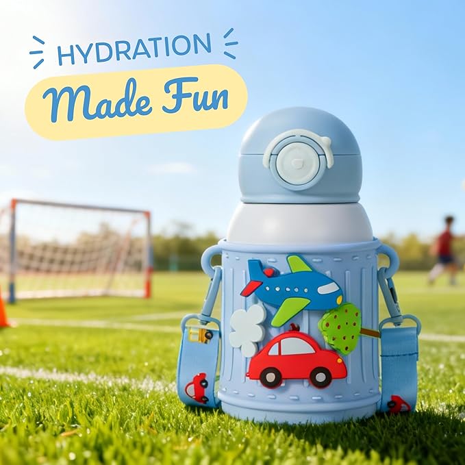 Kids Insulated Tumbler Set – 16oz Stainless Steel Water Bottle with Straw & Pour Lids, Screw-On Cup, Adjustable Strap, Silicone Sleeve & Charms – Leakproof BPA-Free Bottle for Boys & Girls - Bloomnest