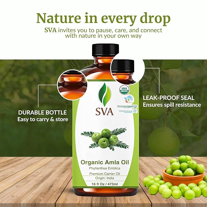 SVA Amla Oil Organic - 16 Fl Oz – 100% Natural Cold Pressed Organic Amla - for Face, Skin Care, Hair Care, Scalp Massage & Body Massage – Carrier Oil - Bloomnest