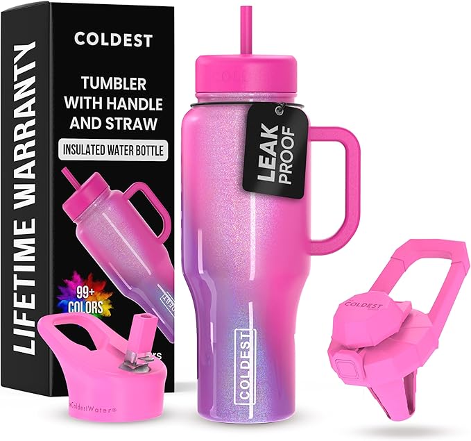 Coldest Tumbler with Handle and Straw, 100% Leak Proof Insulated Tumbler with Lid and Straw (3 Lids), Stainless Steel Tumblers for Women & Men, Cup Holder Friendly, 36 oz (Mulberry Dream) - Bloomnest