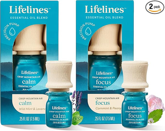 Lifelines Essential Oil Blends, 2-Pack - Blended Essential Oils with Mess-Free Precision Pump for Aromatherapy Diffusers - Long-Lasting Scented Fragrance - Crisp Mountain Air (Calm & Focus) - Bloomnest