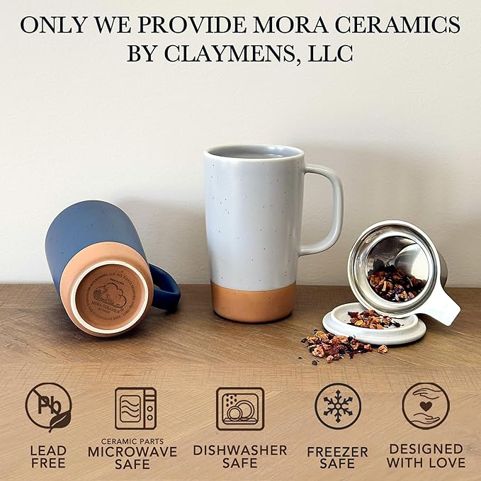 Mora Ceramics Large Tea Mug with Loose Leaf Infuser and Ceramic Lid, 18 oz, Portable, Microwave and Dishwasher Safe, Tall Coffee Cup - Rustic Matte Ceramic Glaze, Modern Herbal Tea Strainer, Sleet - Bloomnest