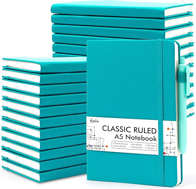 24 Pack Journal Notebook for Work, Feela Business Notebook Bulk Hardcover Lined Writing Journal with Pen Holder for Men Women Note Taking, with 24 Black Pens, 120 GSM, 5.1”x8.3”, A5, Emerald - Bloomnest