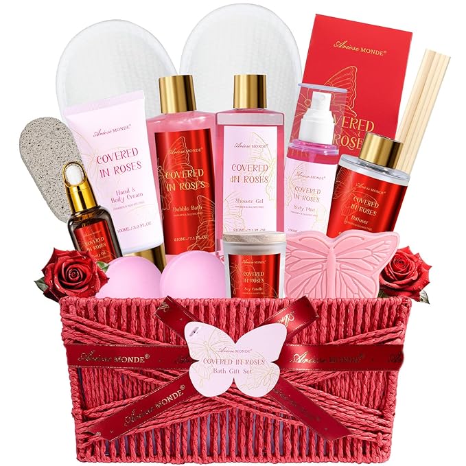 Gifts for Women,15Pcs Rose Amber Bath Relaxing Spa Gift Basket for Her, Mom, Sister, Female Friends, Daughter,Unique Bath Gift Set Idea for Women Who Have Everything, Mothers Day Gifts for Mom - Bloomnest