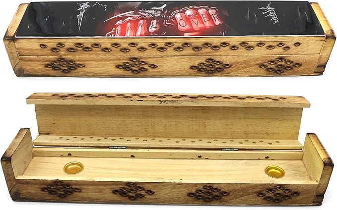 SOUL STICKS Handmade Carved Incense Burner Wooden Coffin Box with Storage Includes Go Away Evil Incense Sticks (Game Over) - Bloomnest