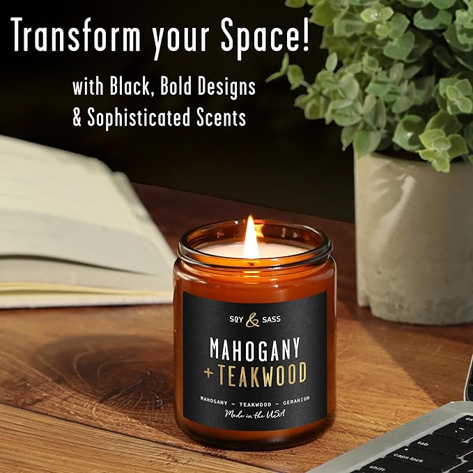 Mahogany Teakwood Candles I Scented Black Candles for Men or Women - Rich Mahogany, Teakwood & Geranium Soy Wax Mens Candle - Infused w/Essential Oils I 50Hr Burn, 9oz I Non Toxic I Made in USA - Bloomnest