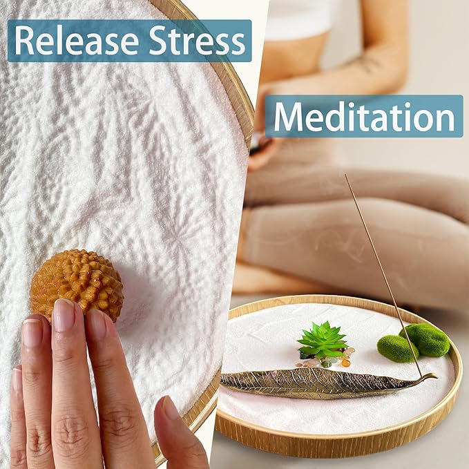 Japanese Zen Garden Kit for Desk, Bamboo Sand Garden Meditation Therapy Tray Gift Set, Mini Zen Décor Office Desktop Accessories - 2 Textured Spheres, Incense with Holder - Bloomnest