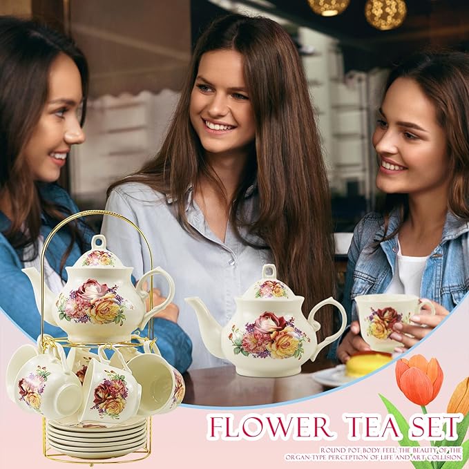 20-Pieces Porcelain Tea Sets For Women, Tea Set For Adult with Golden Metal Rack,Tea Gift Sets for Home&Party(013) - Bloomnest