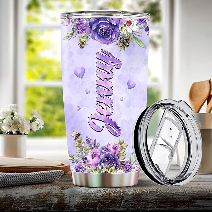 Personalized Bee Tumbler Customized Name Queen Bees Gifts For Women Mug Cups Water Bottle 20oz Gift Birthday Valentine Christmas From Lover Insulated Stainless Steel Coffee Cup With Lid - Bloomnest