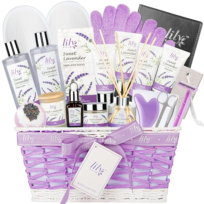 Valentines Day Gifts Spa Gift Set for Women - 22 Piece Lavender Luxury Bath & Body Basket with Bath Bomb | Spa Bath Gift Set for Birthday Gifts, Mothers Day Gift, Christmas Gift for Women