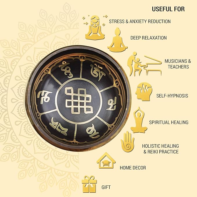 Tibetan Singing Bowl Set Bronze - Master Healing Grade - With Tibetan Thangka Art - Pure Tone By HIMALAYAN BAZAAR (Black & Yellow)
