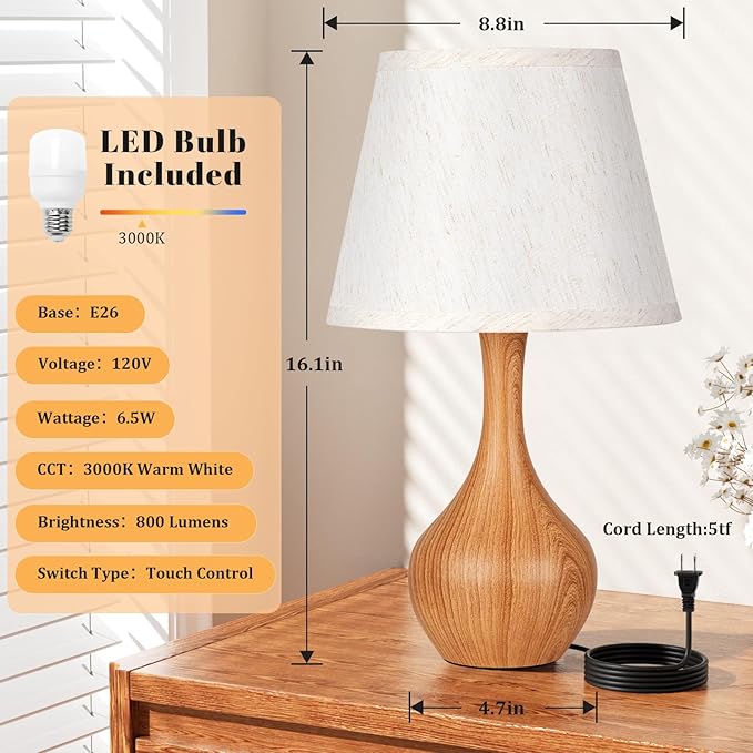 Seealle Touch Table Lamp for Bedroom, 3-Way Dimmable Small Bedside Lamps for Night Stands with Wires, Wood Desk Lamp for Kids Room, Office, Living Room, End Table(LED Bulb Included) - Bloomnest