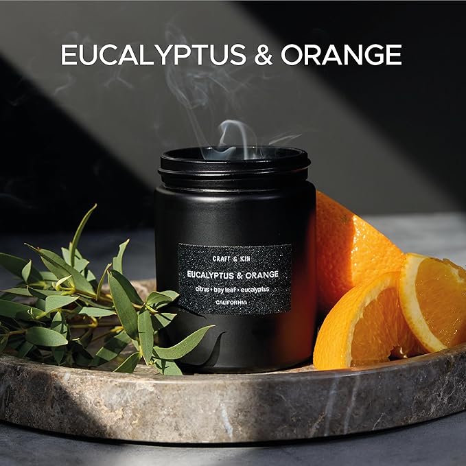 Craft & Kin Premium Orange & Eucalyptus Candle | Black Christmas Scented Candles for Home | Long Lasting with 45 Hour Burn Time, 7.6oz | Soy Holiday Candle | Aromatherapy at Home | Gifts for Men - Bloomnest