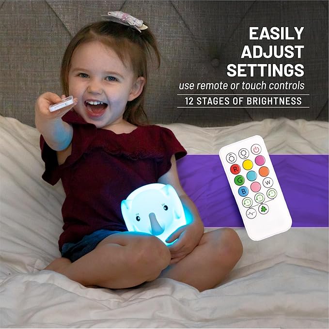 LumiPets Eggbert the Elephant Squishy Night Light for Kids | Silicone Nightlight with Tap, Remote Control | Rechargeable Color Changing Animal Light for Girls & Boys | Portable Mood Lamp With USB Cord - Bloomnest