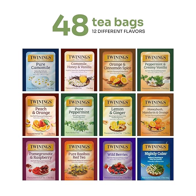 Twinings 48 Tea Bags Herbal Variety Pack – 12 Herbal Flavors, Caffeine-Free, Individually Wrapped, Perfect Tea for Any Occasion - Bloomnest