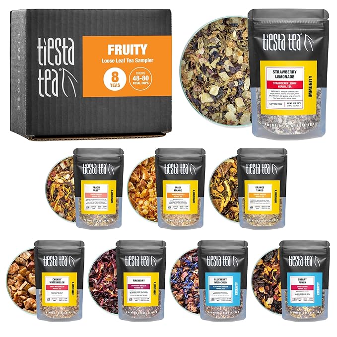 Tiesta Tea - Fruity Tea Sampler Dry Flight Set, Loose Leaf, No Caffeine, Makes Hot and Iced, Assorted Fruit Brews with Mango, Peach, Orange Drinks & More, 8 Resealable Sample Pouches - Bloomnest