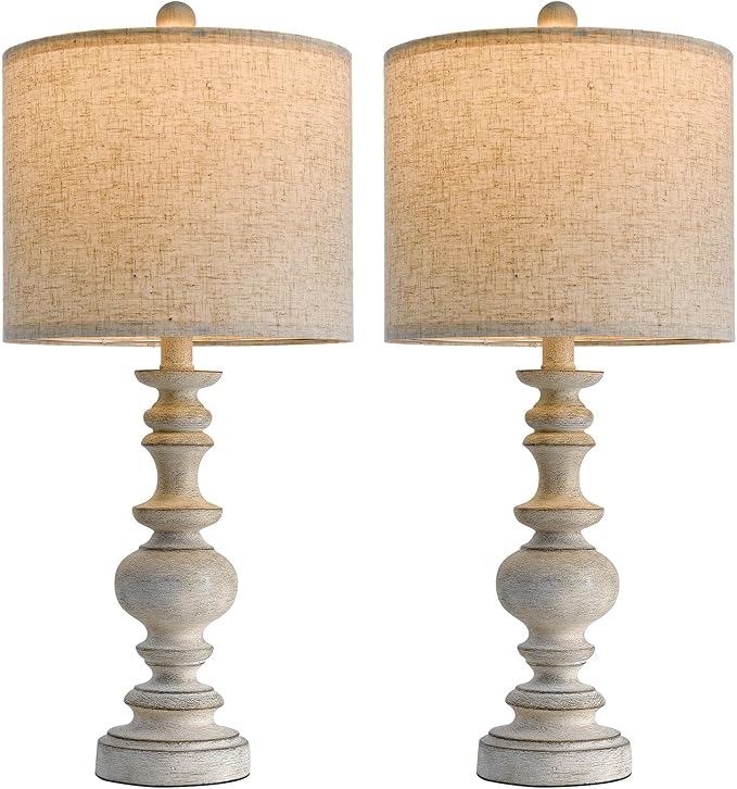 BOBOMOMO 24" Farmhouse Retro Table Lamp Set of 2, Traditional Resin Lamps for Living Room Bedroom, Vintage Bedroom Lamps with Linen Shades, Rustic Table Lamps for Living Room, Nursery, Office - Bloomnest
