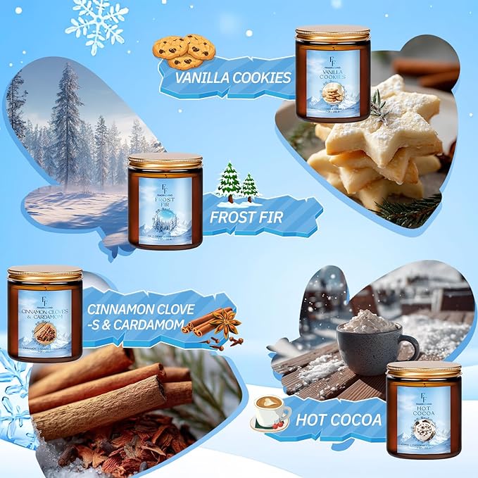 Winter Candles, Scented Candles for Home, 4 Pack Holiday Natural Soy Candles, Gifts for Women Men, Fragrance of Fir/Hot Cocoa/Vanilla Cookies/Cinnamon - Bloomnest
