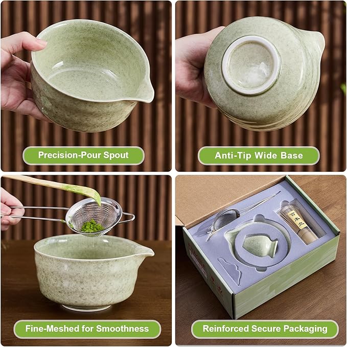 5Pcs Matcha Whisk Set - Matcha Bowl with Spout, 100% Bamboo Whisk (Chasen), Holder, Stainless Sifter, Tea Scoop. Japanese Ceremony Matcha Kit for Beginners, Ideal Gift for Tea Lovers (Green) - Bloomnest