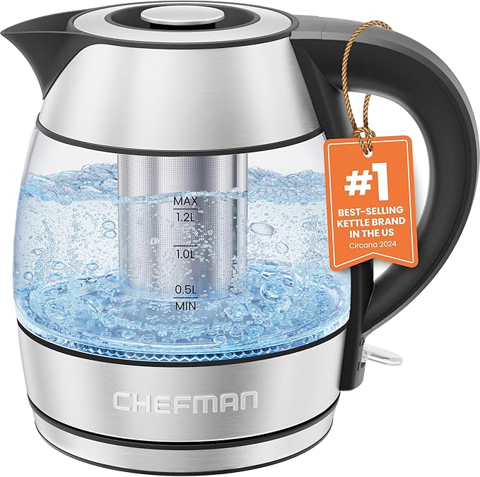 CHEFMAN Electric Kettle - 1.2L 1500W Hot Water Tea Pot with Infuser, BPA Free, Auto Shut Off, Boil-Dry Protection, Removable Lid, LED Light, Cordless Glass Electric Tea Kettle – Stainless Steel - Bloomnest