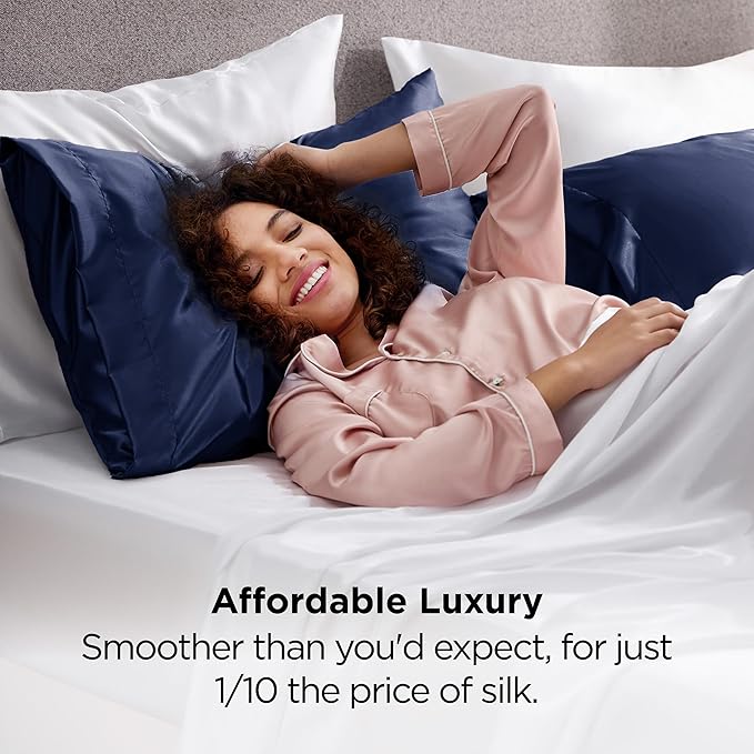 Bedsure Satin Pillowcase 2 Pack Similar to Silk Pillow Cases Standard Size, Pillow Case for Sleeping Women with Envelope Closure, Gifts for Women Men, Navy, 20x26 Inches, 2pcs - Bloomnest