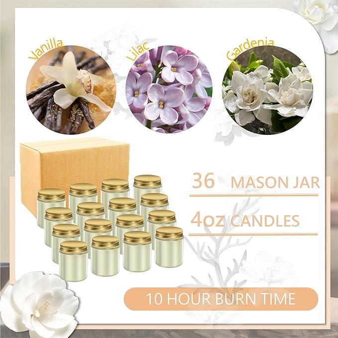 ACITHGL 36 Pcs 4oz Mini Mason Jar Candles Small Scented Candles Bulk Aromatherapy Ideal Souvenir Favors for Wedding Birthday Party (Vanilla, Lilac, Gardenia, Gold) - Bloomnest