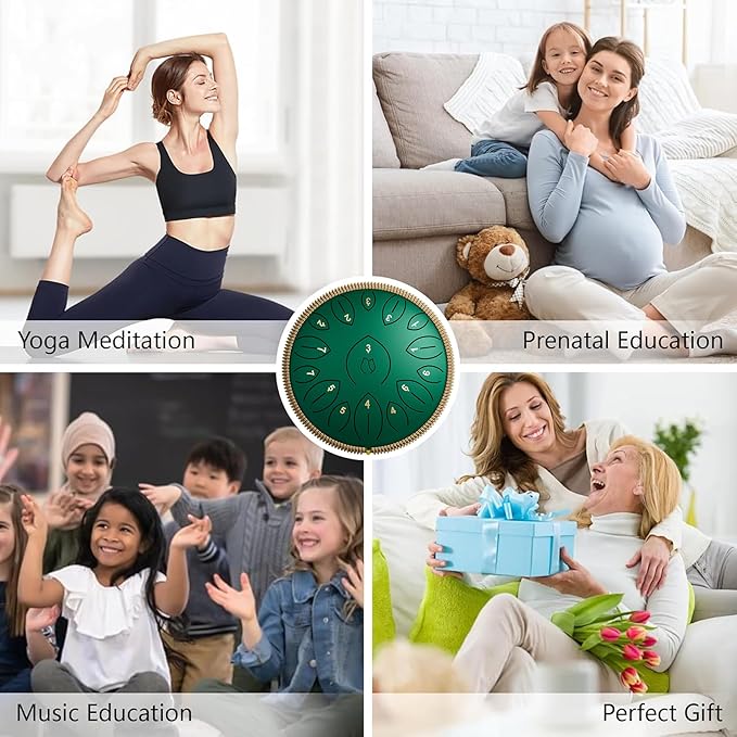 Steel Tongue Drum 12 Inch 15 Notes, Steel Drums Instruments for Kids Adults, Hand Pan Drum with Music Book, Drum Mallets and Carry Bag, Handpan C Major, Green - Bloomnest
